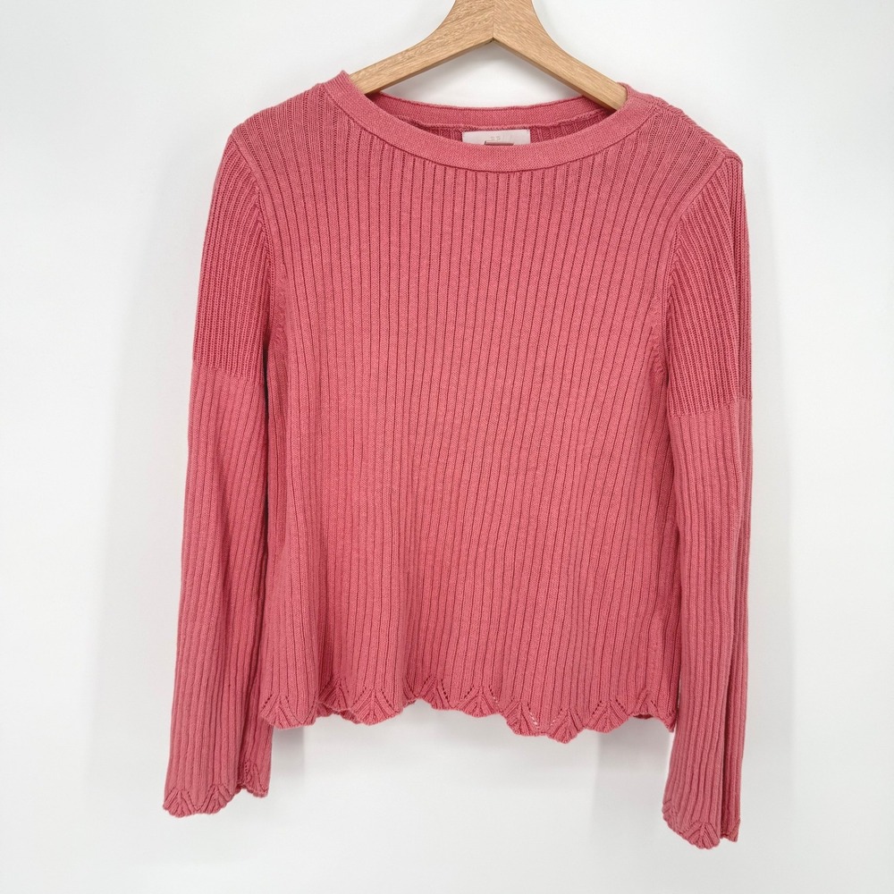 Rachel Parcell Ribbed Sweater Women XS Pink‎ Scalloped Hem Linen Blend